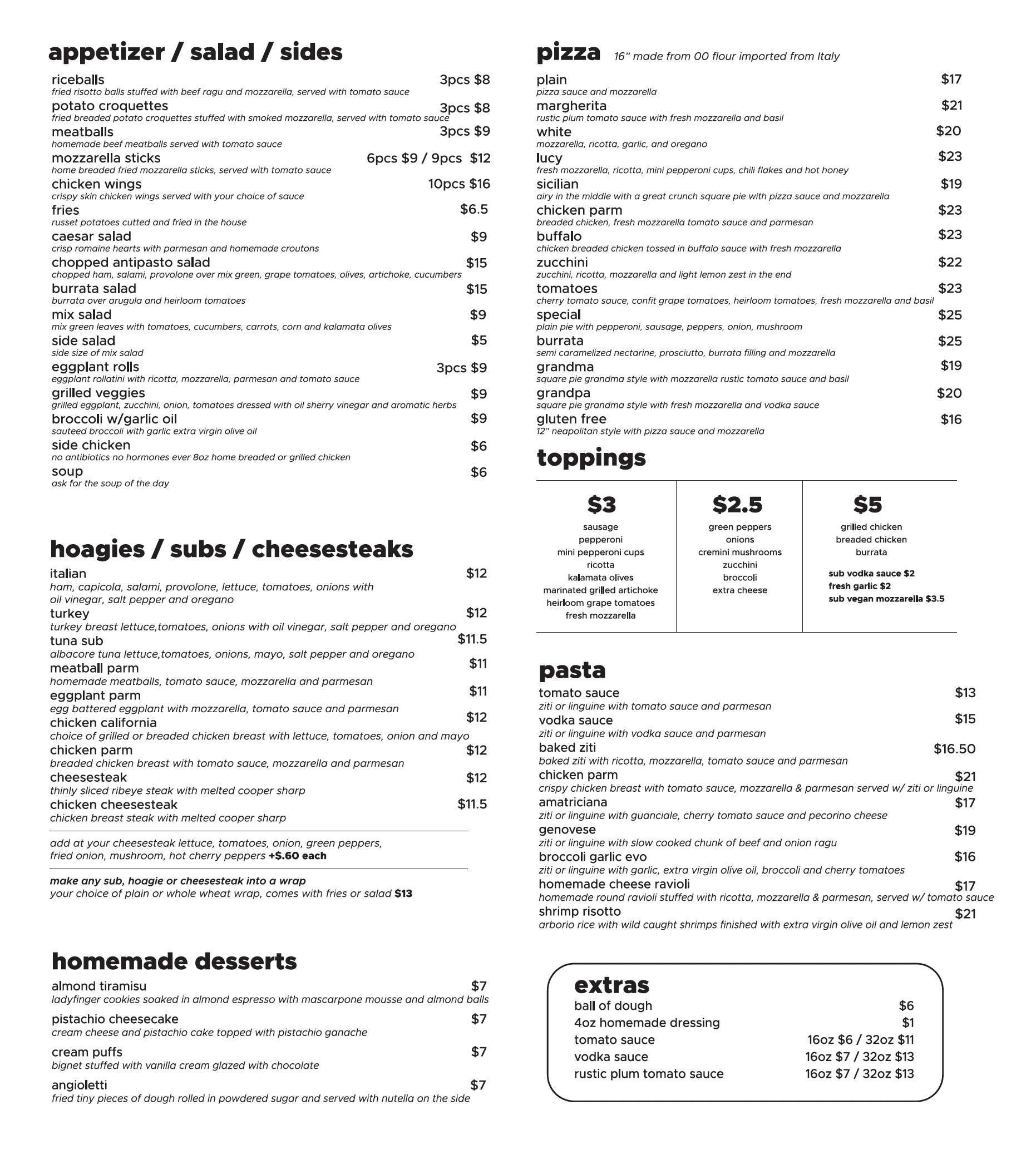 Aria Pizza Menu