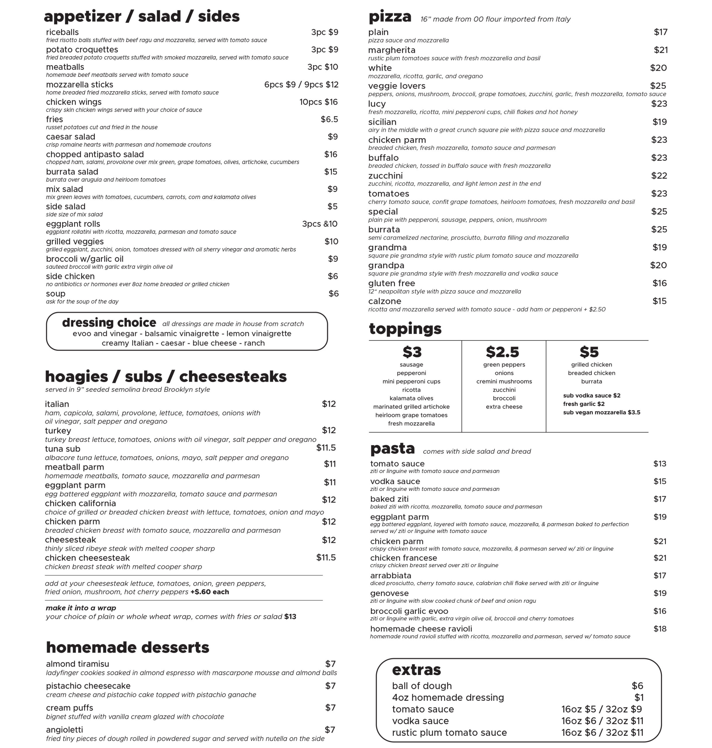 Aria Pizza Menu